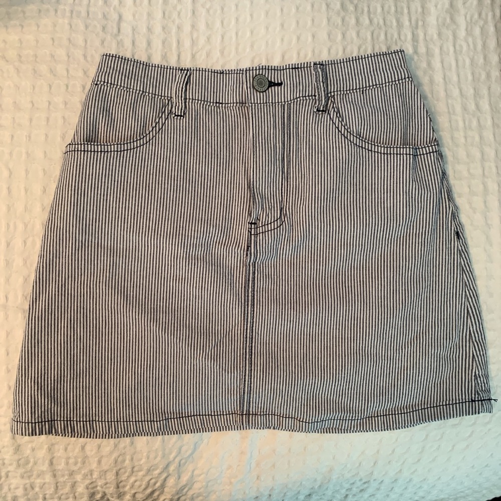 A blue and white mini skirt.